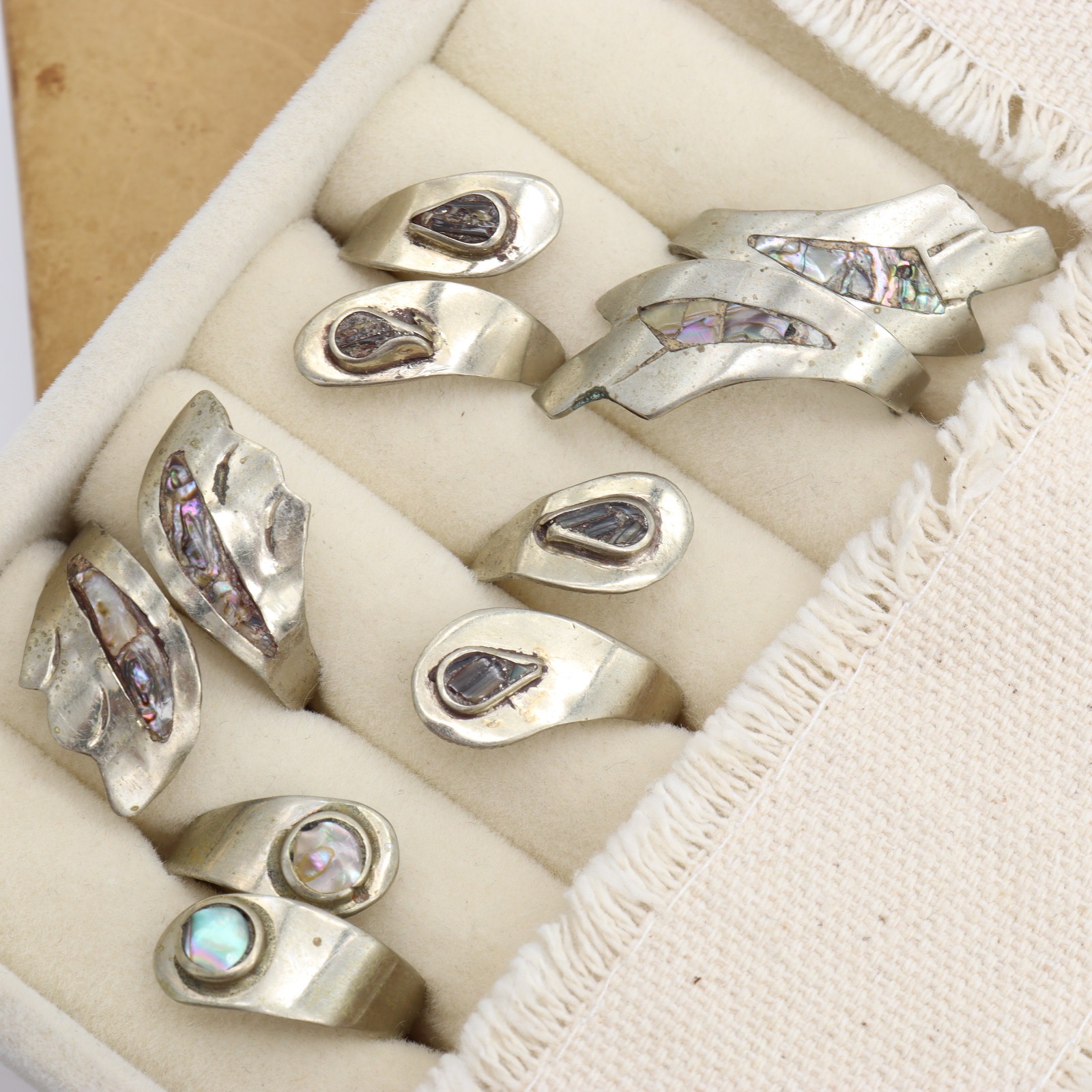 Vtg Mexico Alpaca Abalone Inlay Ring LOT 5 Wrap Shell Silver Metal Tone Mexican