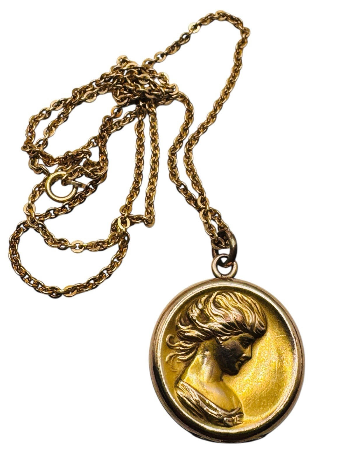 Antique Art Nouveau Rolled Gold Locket Necklace Lady Portrait