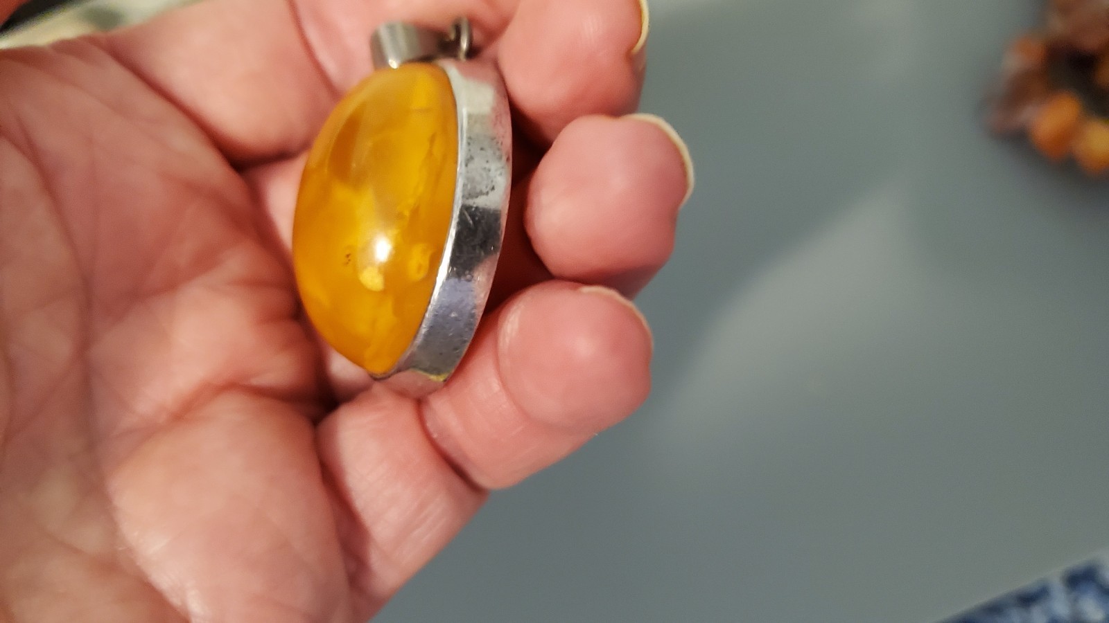 Vintage Lithuania butterscotch amber box and huge sterling pendant set