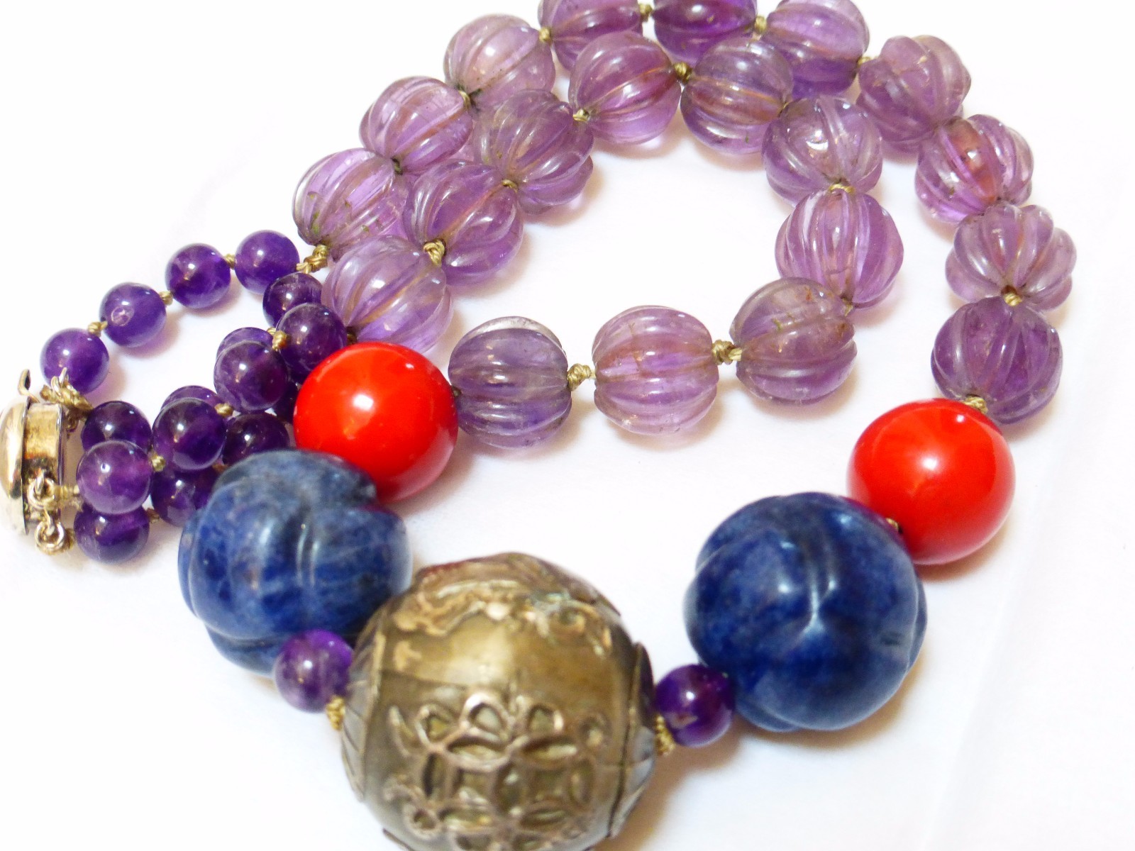 Vintage Carved Amethyst, Lapis, Laquer Beads Necklace, Sterling Bead, Clasp