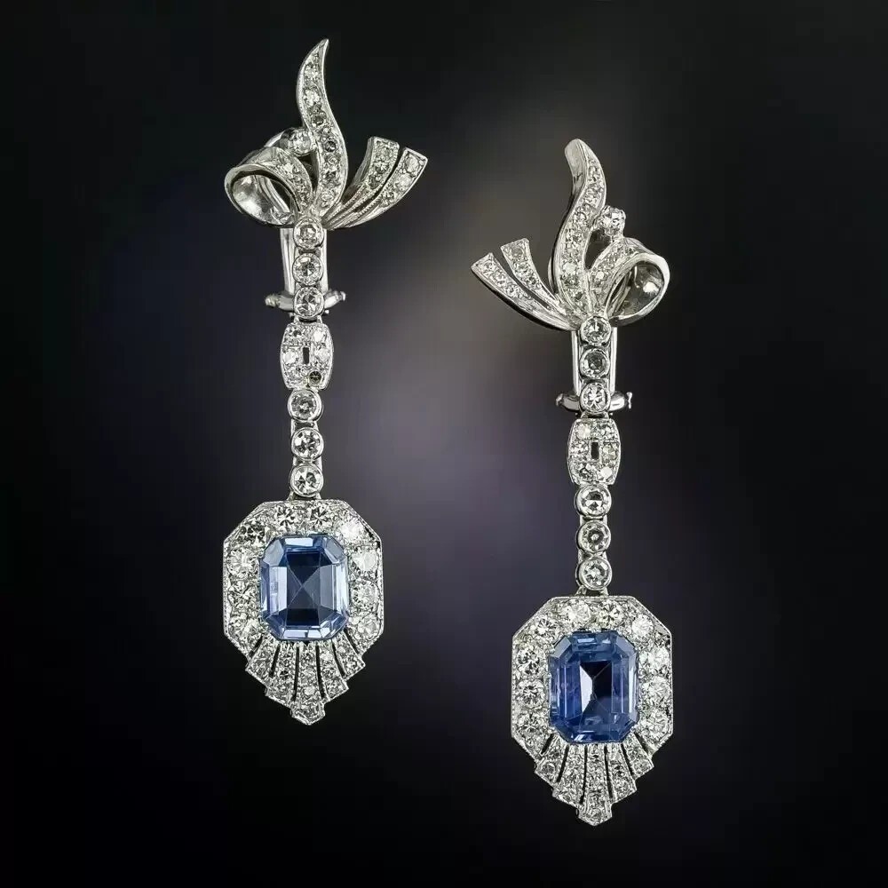 Art Deco 5.50CT Real Blue Topaz Earring Vintage 925 Silver Drop Dangle Halo