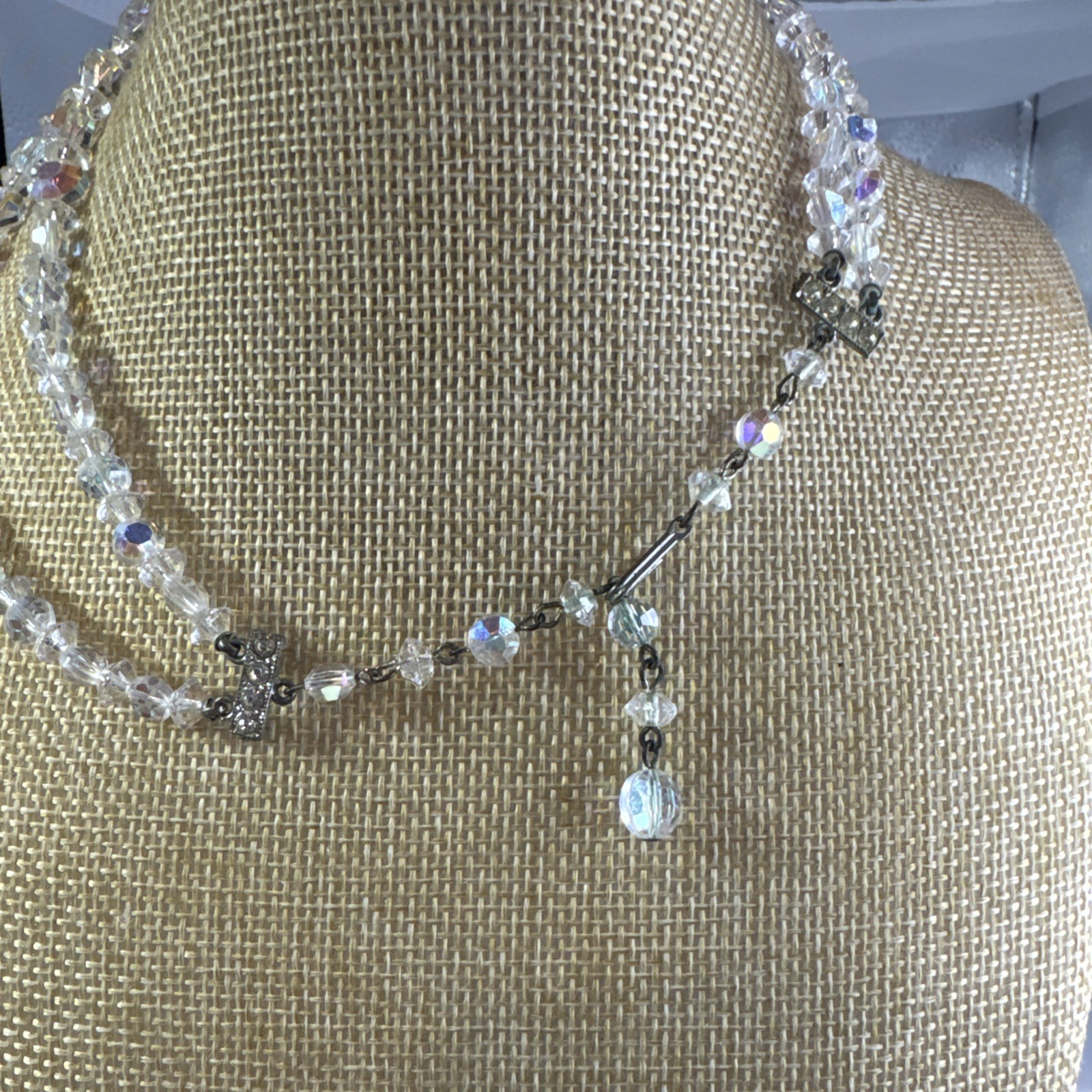 Vtg Crystal/Rhinestone Double Strand Choker Bead Hook Closure graduated 14-16”