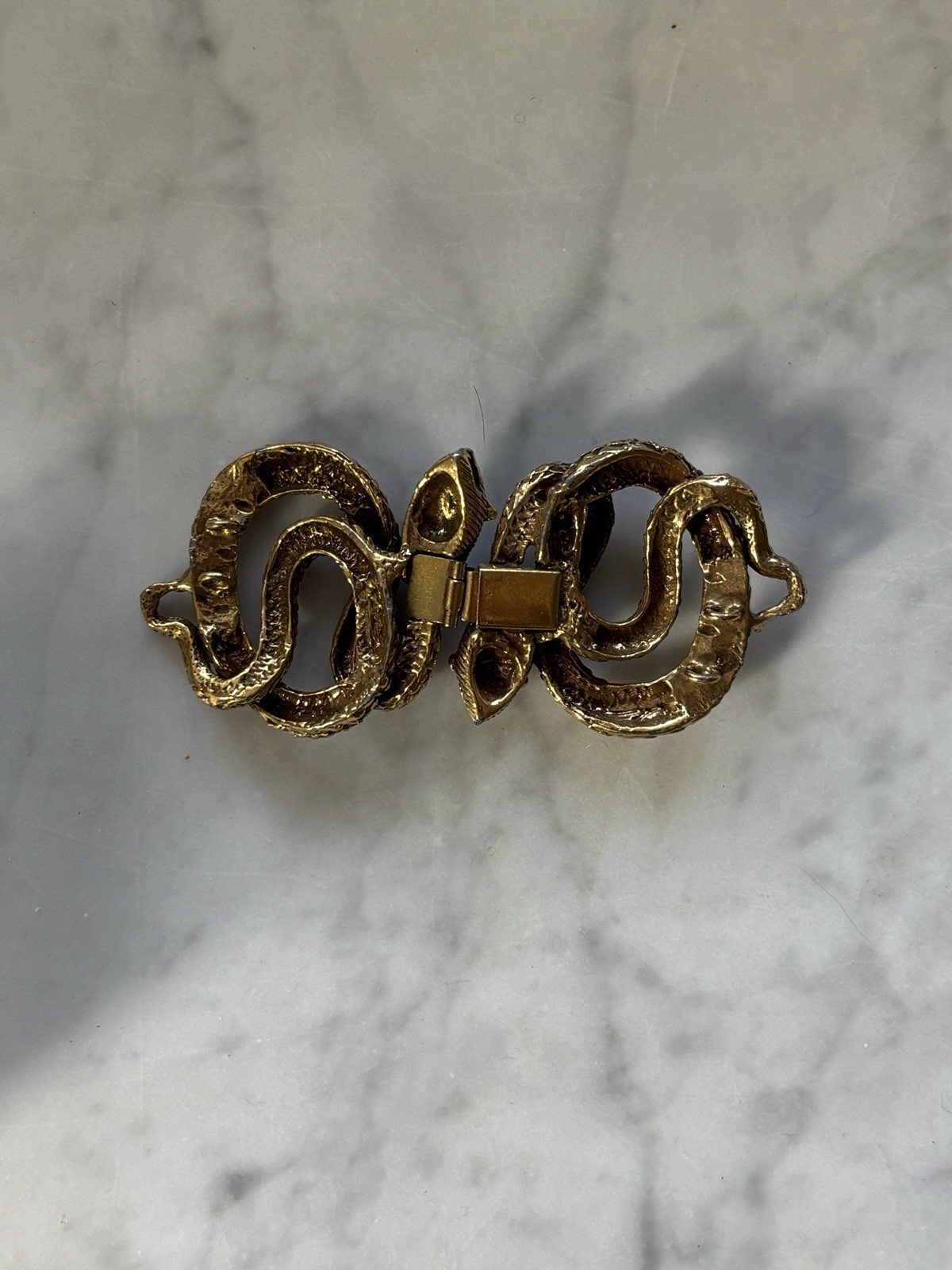 Antique Victorian Brass-Plated Repoussé Double Serpent Bracelet Clasp C. 1900