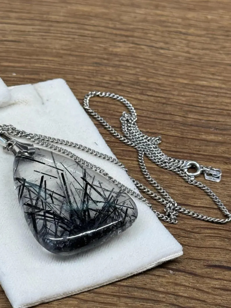 antique large rutilated tourmaline quartz pendant with chain necklace 835 silver