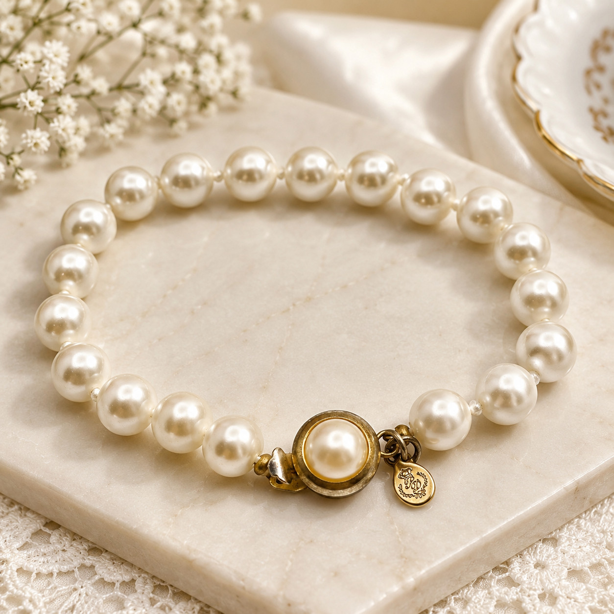 Premier Designs White Faux Pearl Glass Bead Bracelet Gold Tone Box Clasp 6.75″