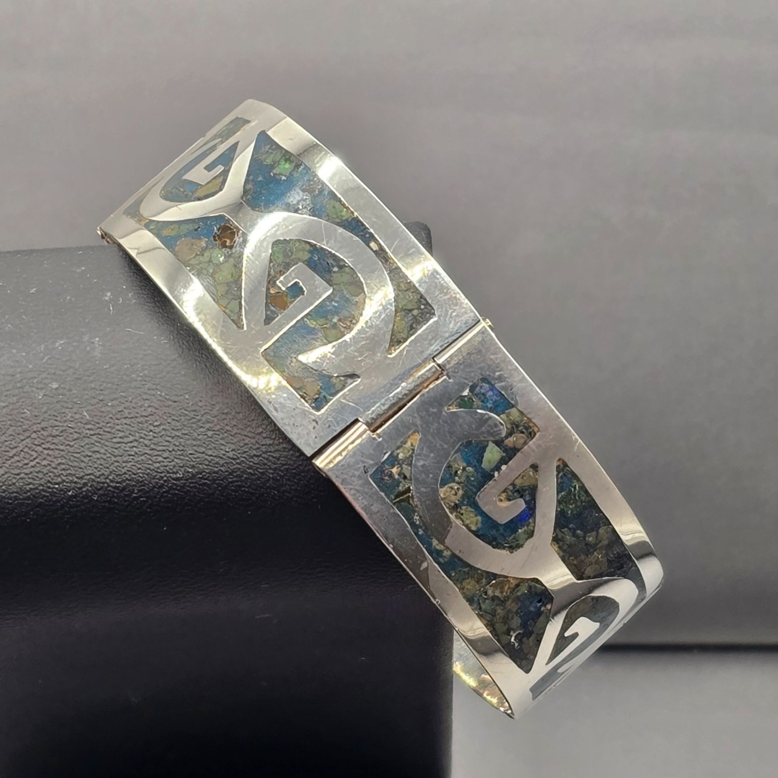 Vintage Taxco Sterling Silver Turquoise Inlay Bracelet 7″ Eagle 3 Signed AMD 30g