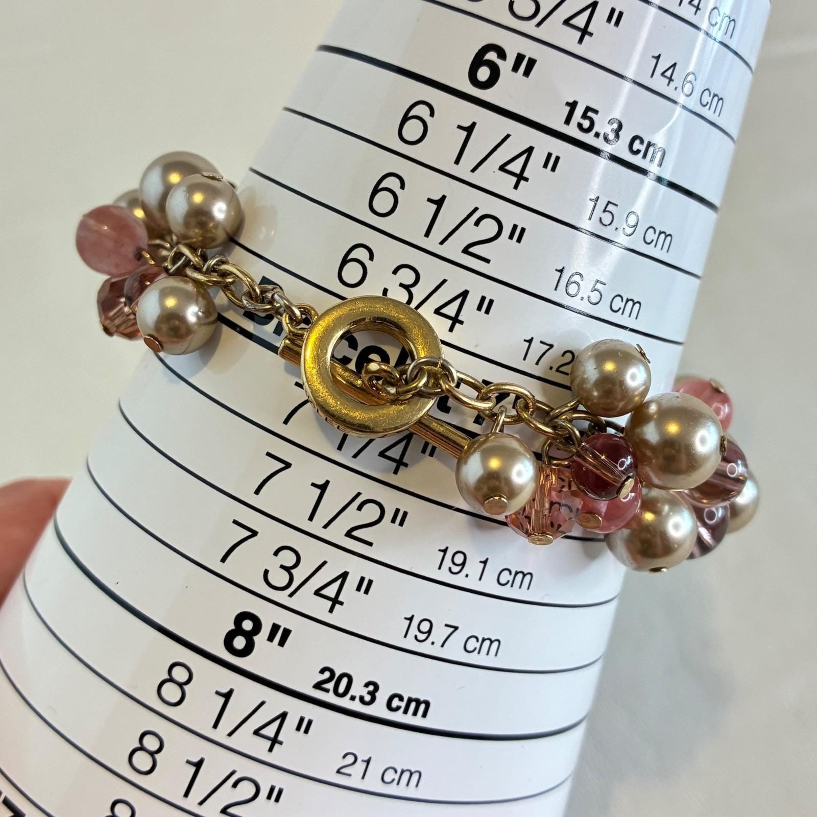 Vintage Carolee Bracelet Gold Tone Faux Pearl Glass Bead Rhinestone Charm Pink