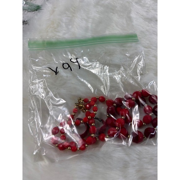 Vintage Red Faceted Bead Necklace and Matching Red Enamel Clip On Hoop Earrings