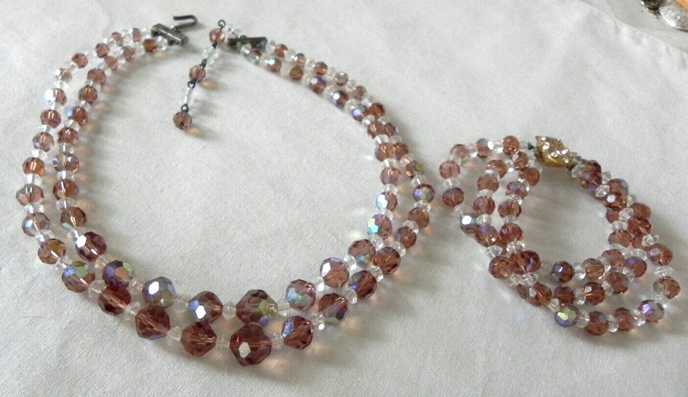 Vintage Golden Brown AB Double Strand Crystal Necklace and Bracelet Set