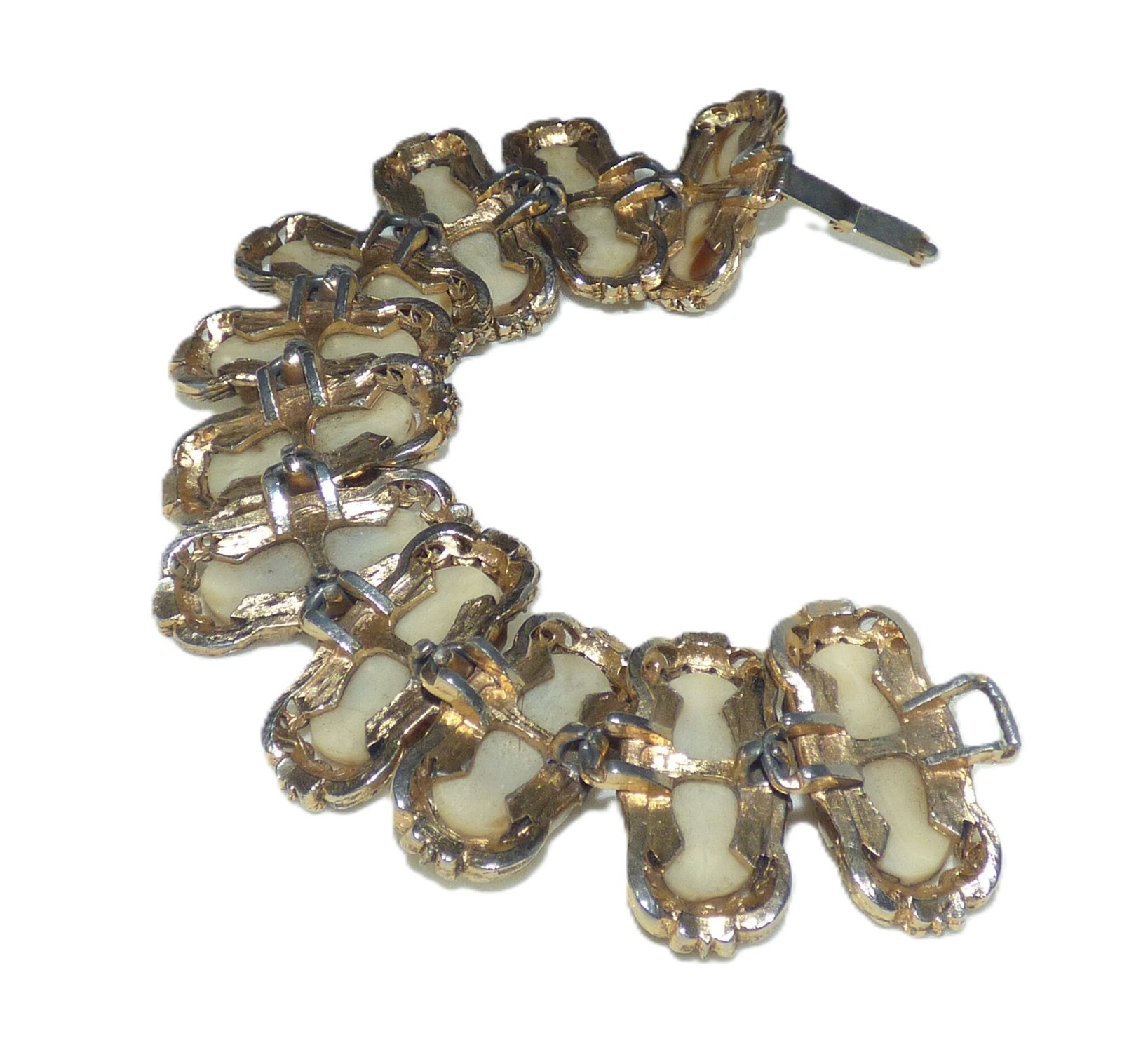 Polished Oval Cut Dome Shape Scottish Mottled Brown Agate Gem Gold Tone Bracelet