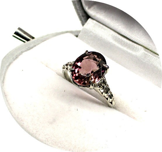 Bright Rosy-Red TOURMALINE Ring – Art Deco – 14k Solid White Gold Filigree Mtg.