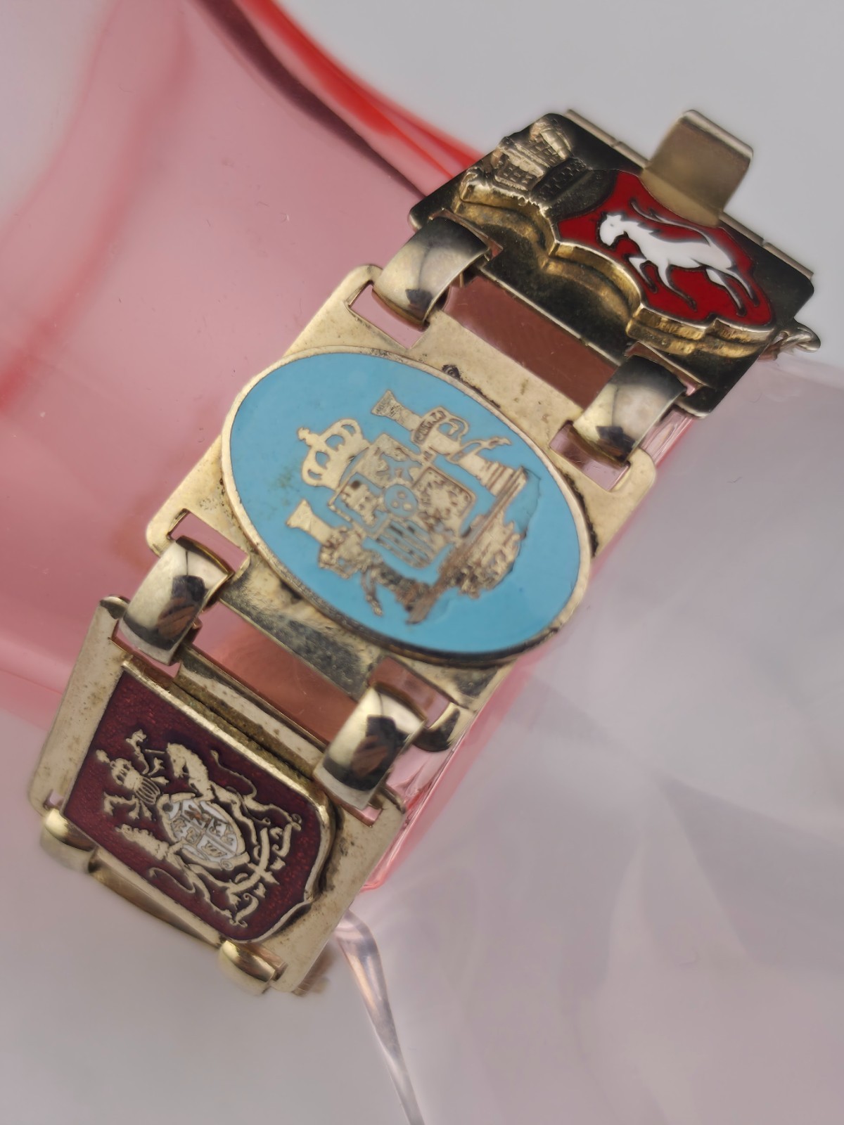 Vintage French Souvenir Bracelet 7″ Colorful Heraldic Cloisonne Enamel Panels