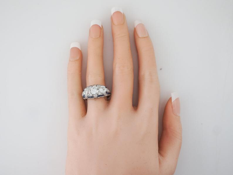 3 CTW White Round Cut CZ Three Stone Art Deco & Sapphire Ring In Sterling Silver