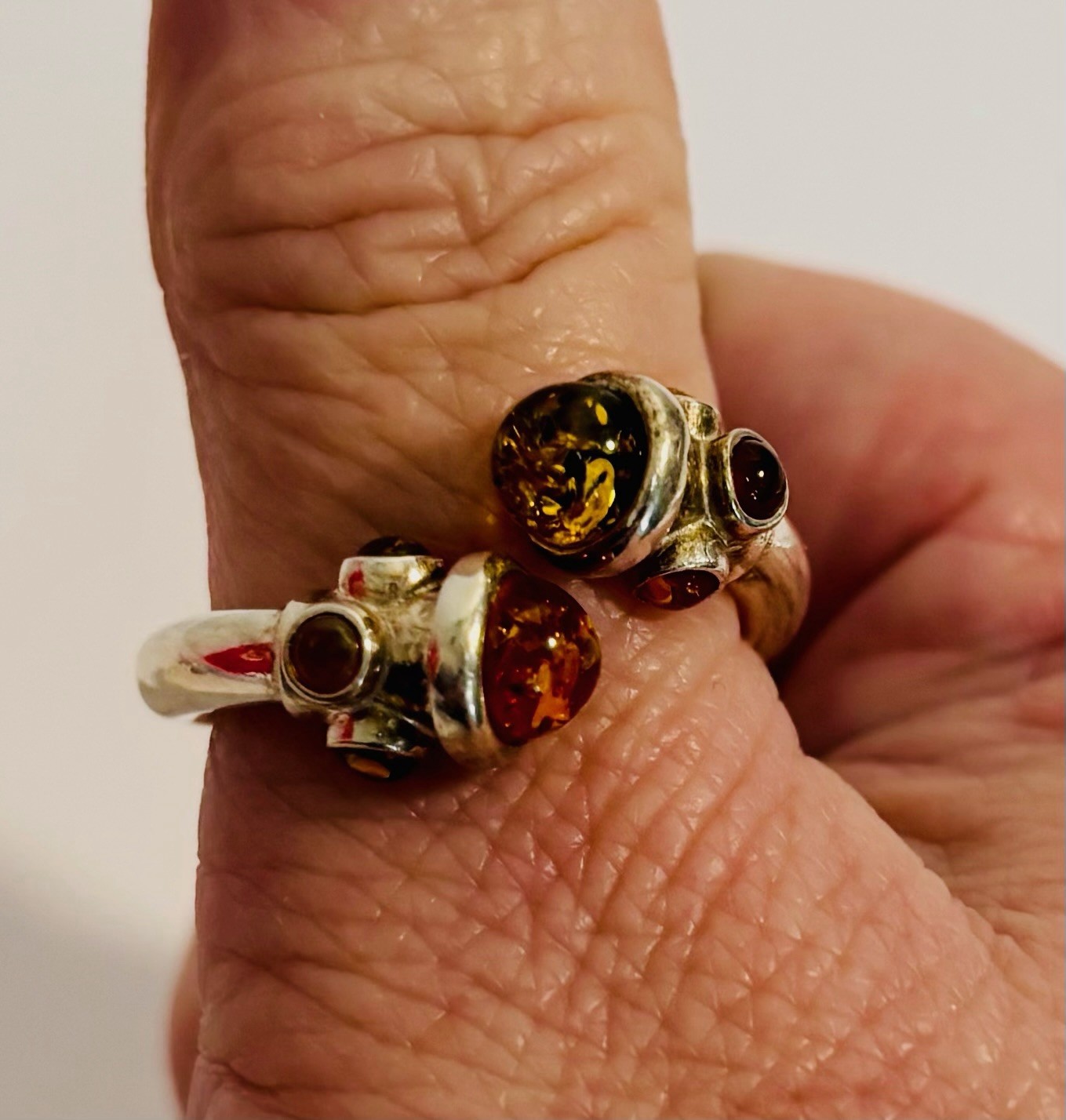 Vintage 925 Sterling Silver Baltic Amber Bypass Ring, Size 9