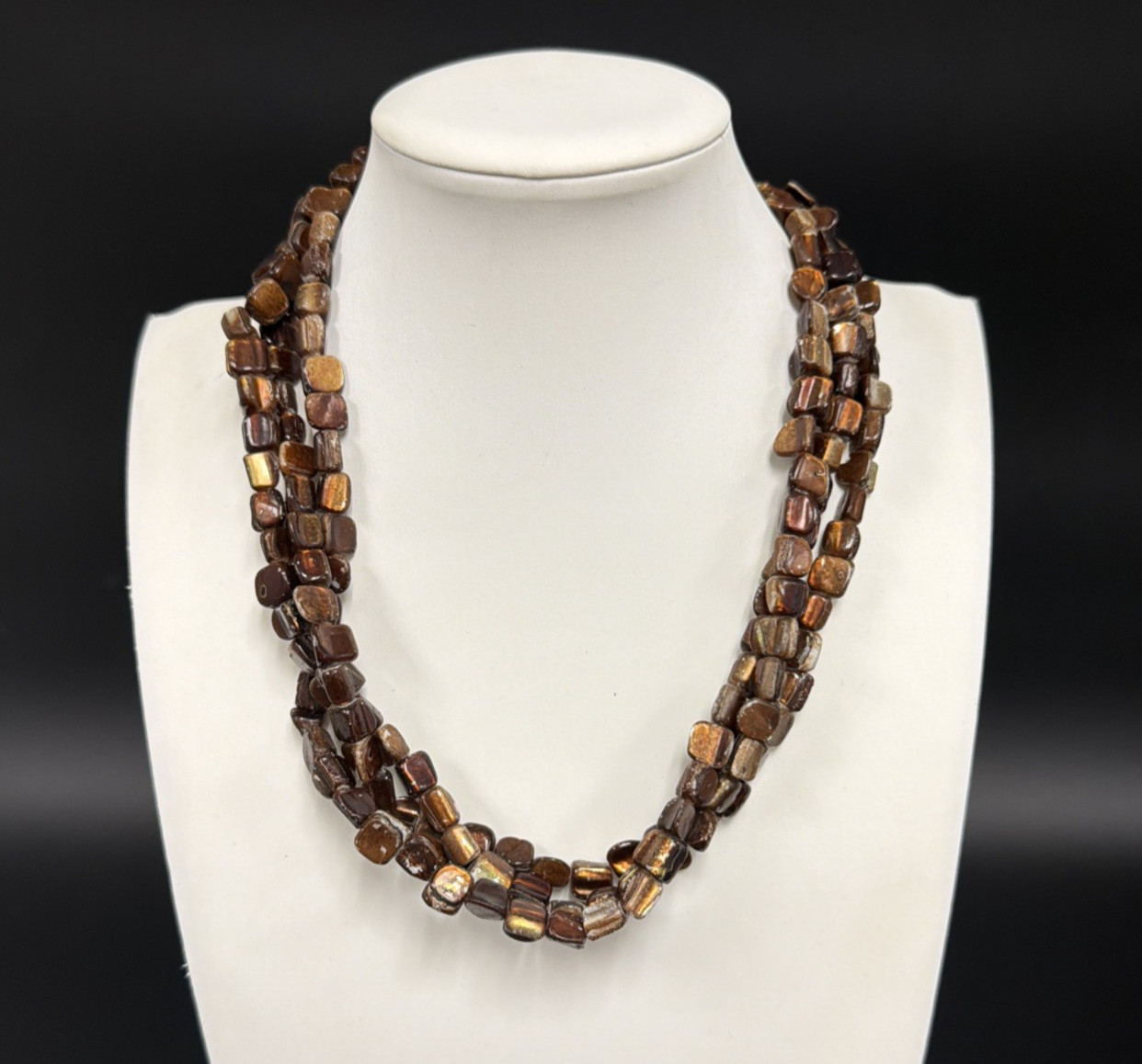 Vintage Triple Strand Bronze Color Natural Stone 18-20″ Choker Necklace