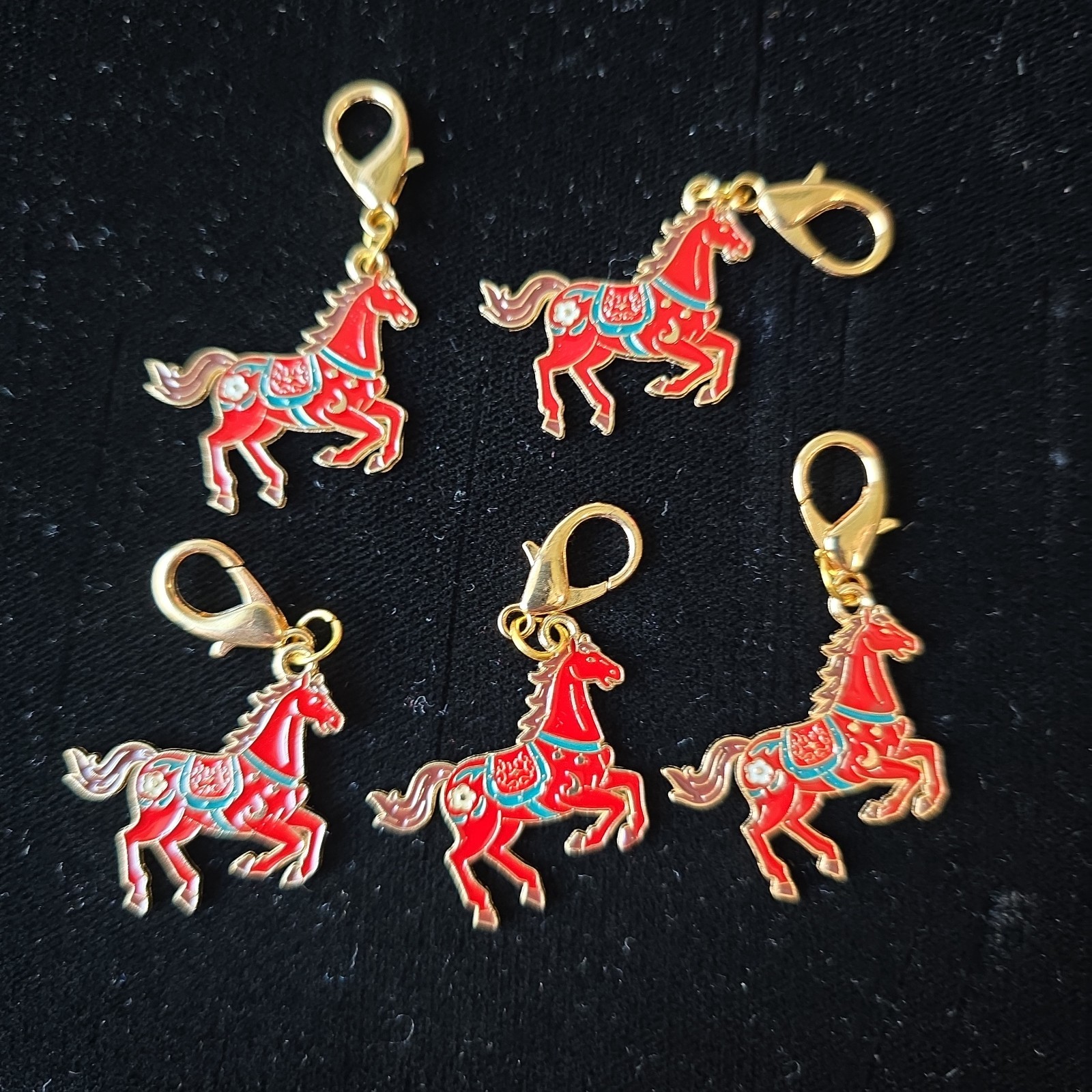 Vintage Lot Of 5 Cloisonne Red Horses Dangle Charms Pendants