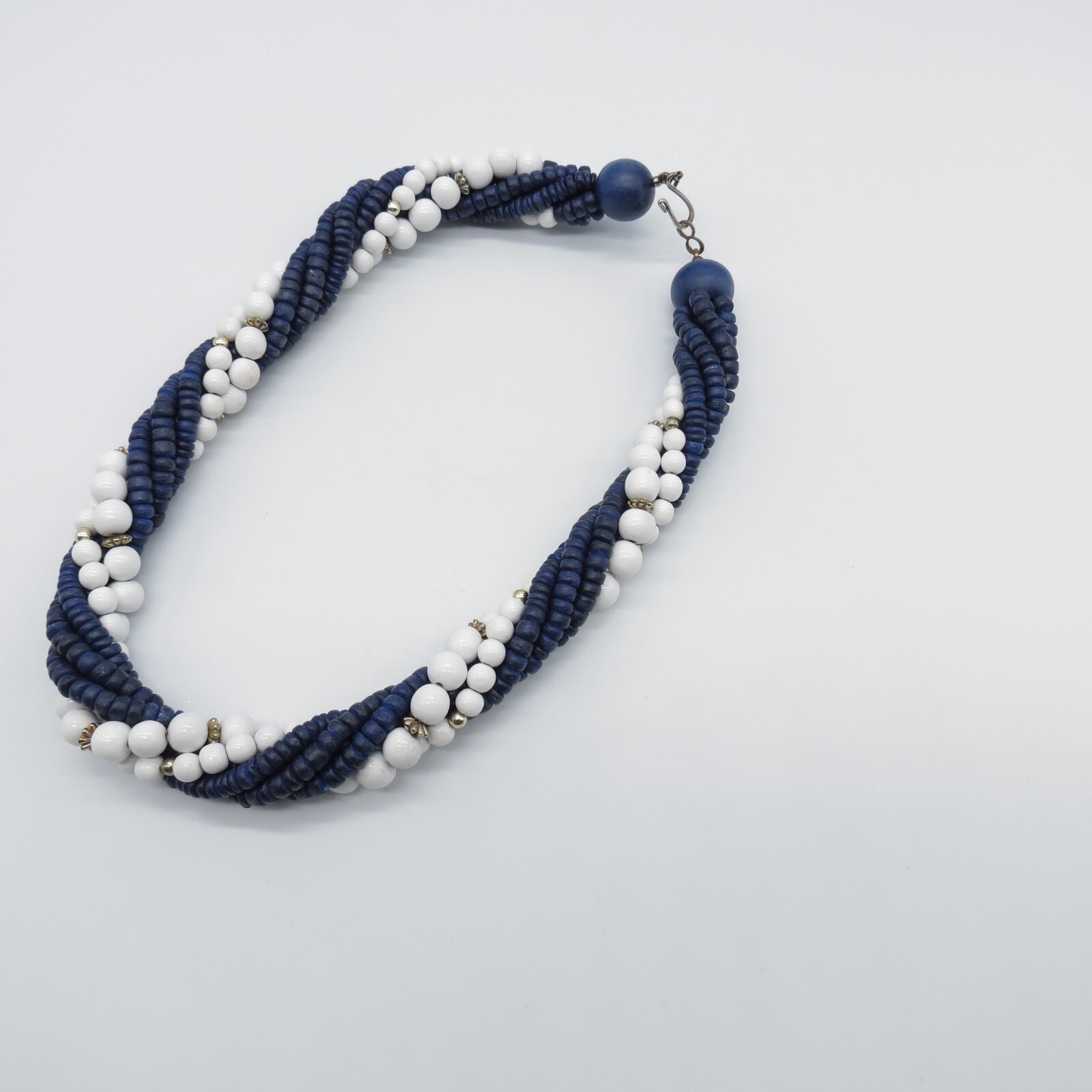 Blue White Bead Torsade Statement Necklace Boho Ethnic 19″