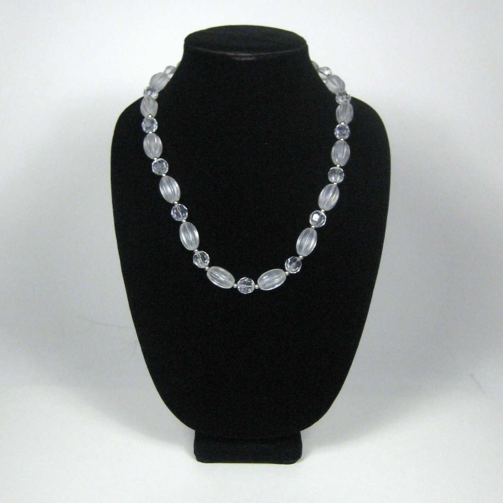 Colorless White Beaded Necklace Strand 25 in VTG 80s 70s Silvertone Facet Women