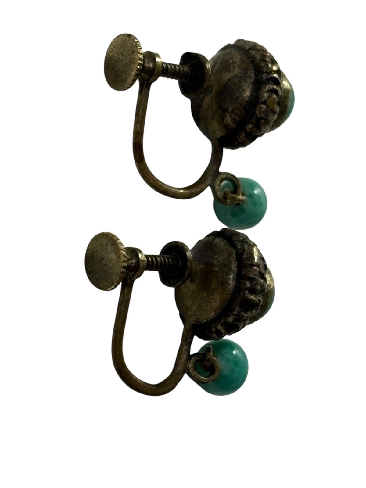 Vintage Marbled Teal Earrings Brass Tone Beaded Plastic Screw Back Dangle MCM