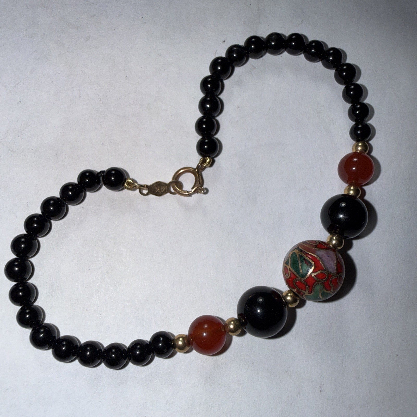 14k Gold Bracelet Black Coral Cloisonne Vintage Unused 6.75” Biggest Bead 10mm