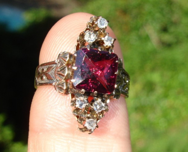 old antique 14K Rose Gold Victorian RING purple red gem Diamond Triads 3.75 2.6g