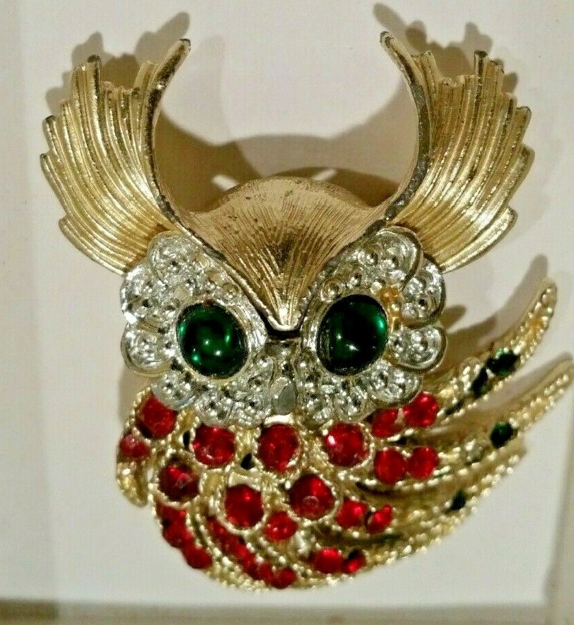 Vintage Great Horned Owl Brooch Pin Rhinestone Adorned Costume Estate Jewelry