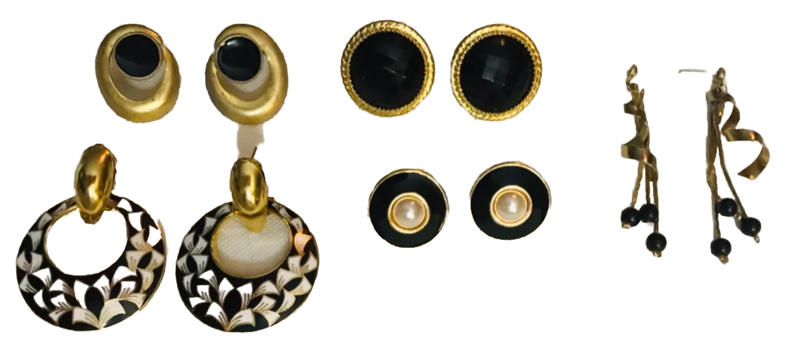 Lot of 5 Pairs of Vintage Estate Black & Gold Themed Pierced Earrings Variety