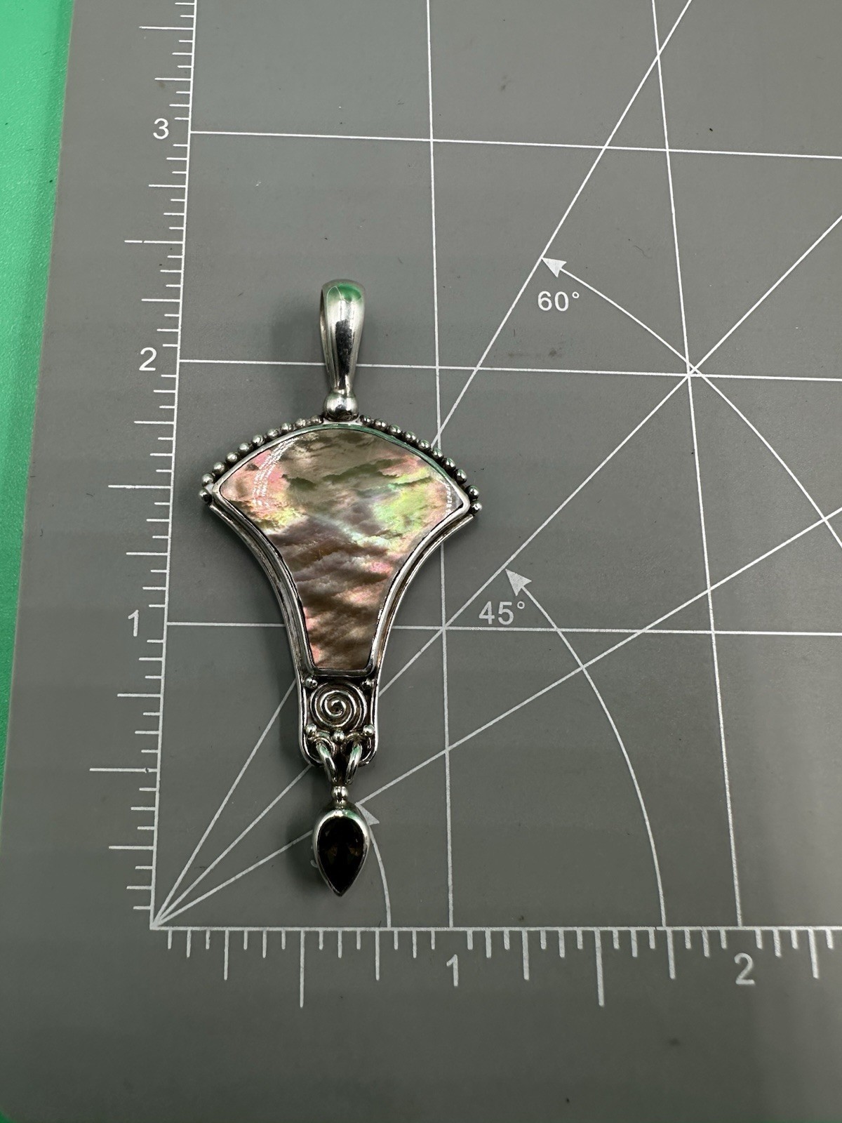 SAJEN 925 Sterling Vintage Abalone Shell Brown Quartz Gem Ornate Pendant