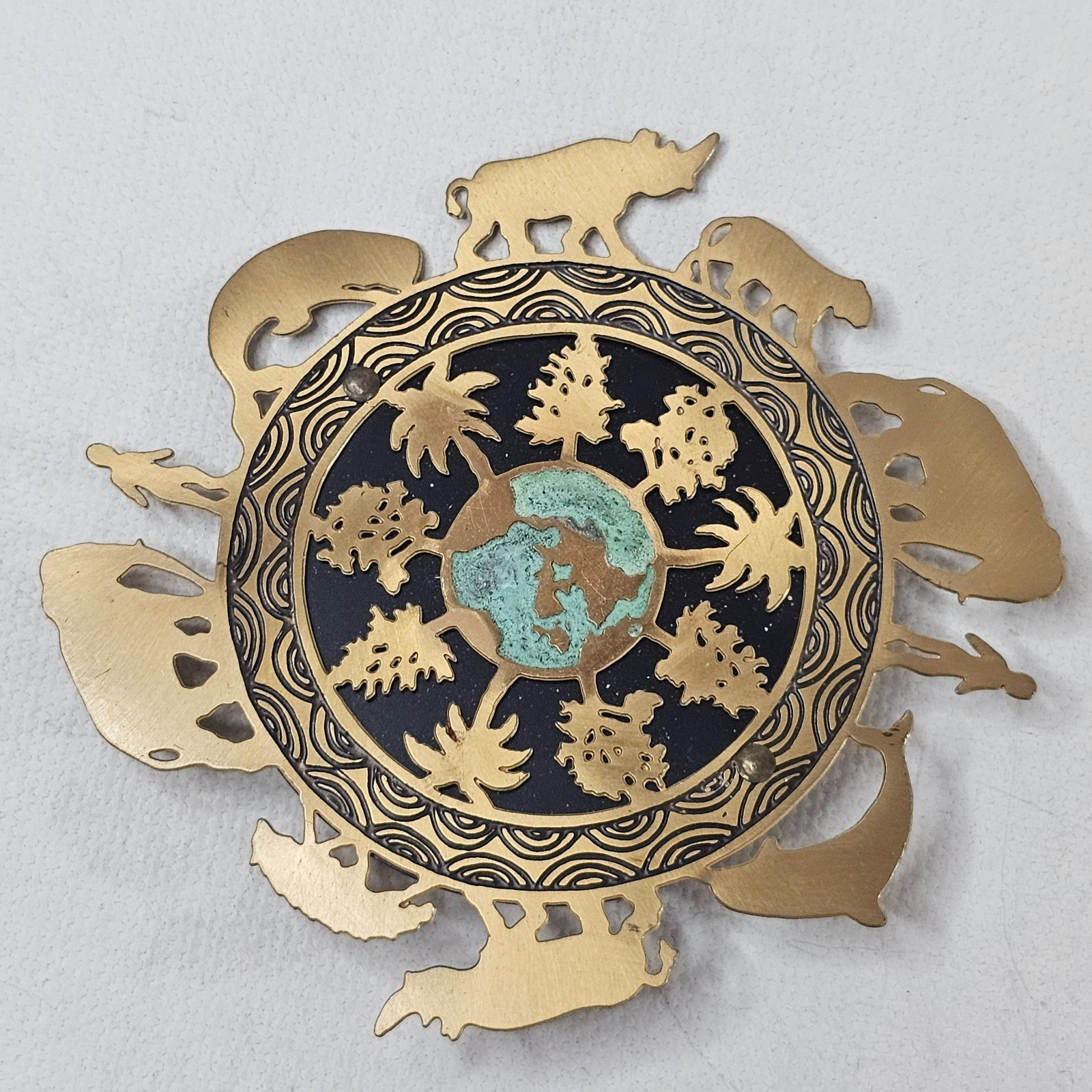 Vintage Signed Silver Forest One World Earth Brooch Brass Cut-Out Animals Trees