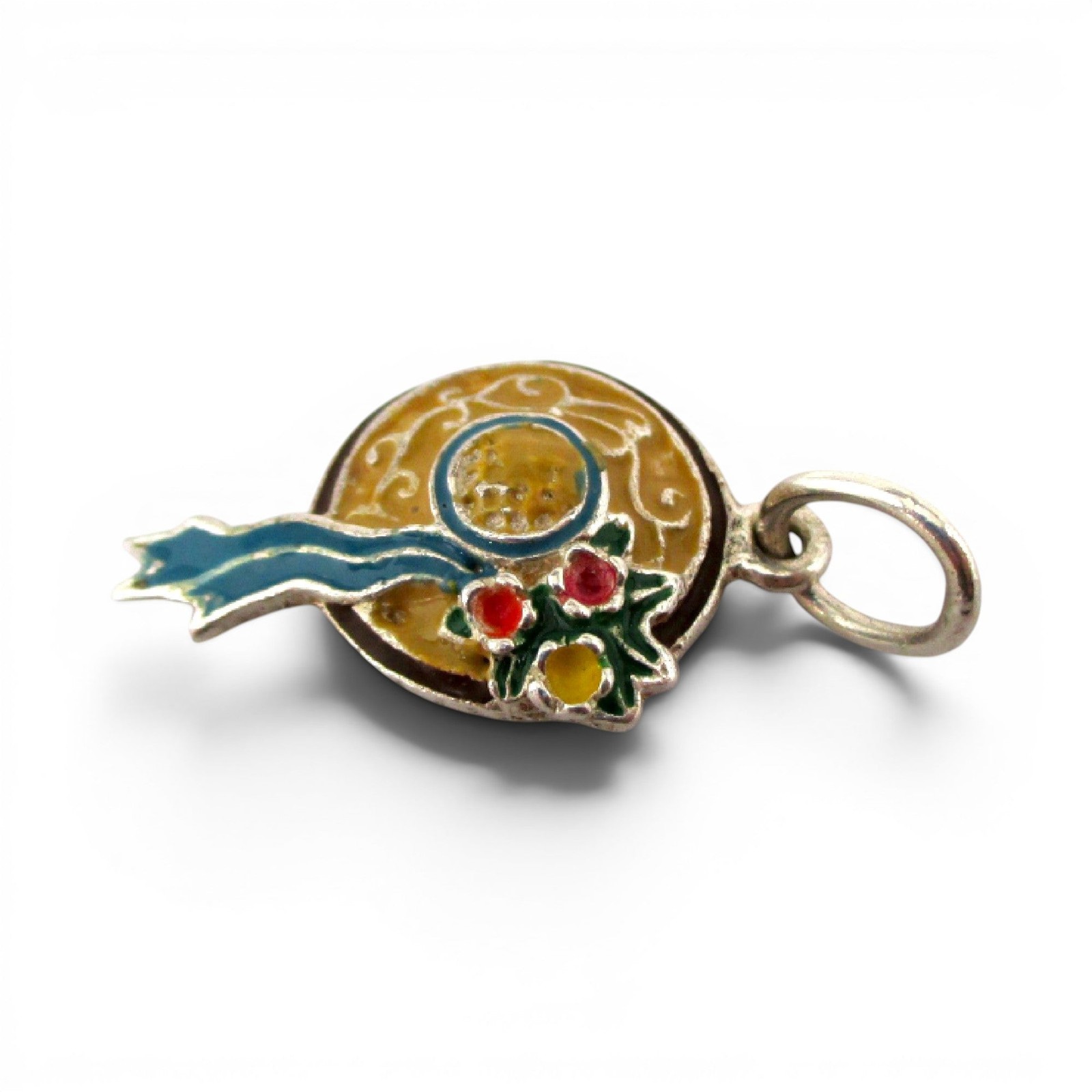 Sterling Silver Enamel Straw Hat Flowers Charm for Bracelet Garden Summer Gift