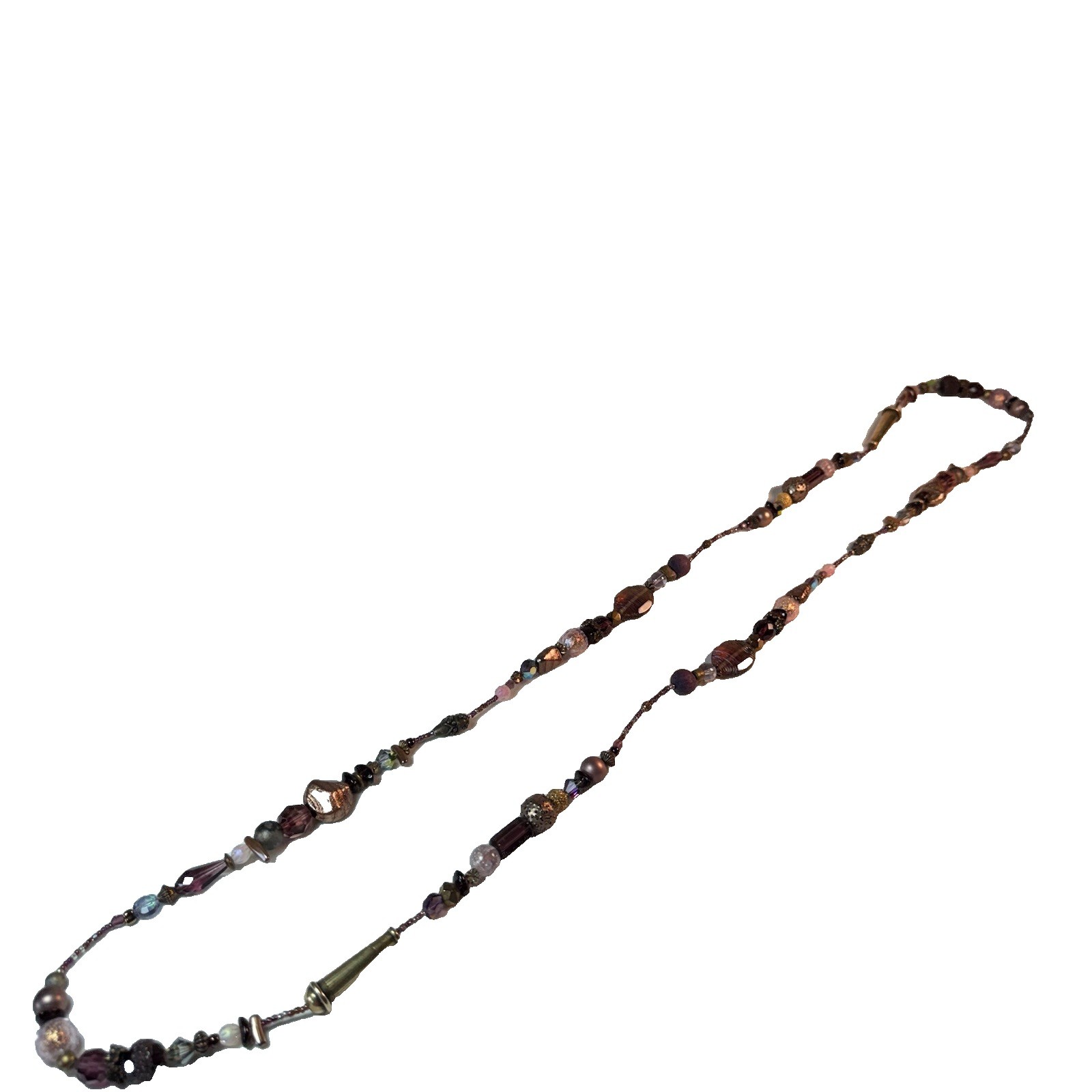 Vintage Boho Mixed Glass Beaded Long Strand Necklace Purple Bronze Brass 42 Inch