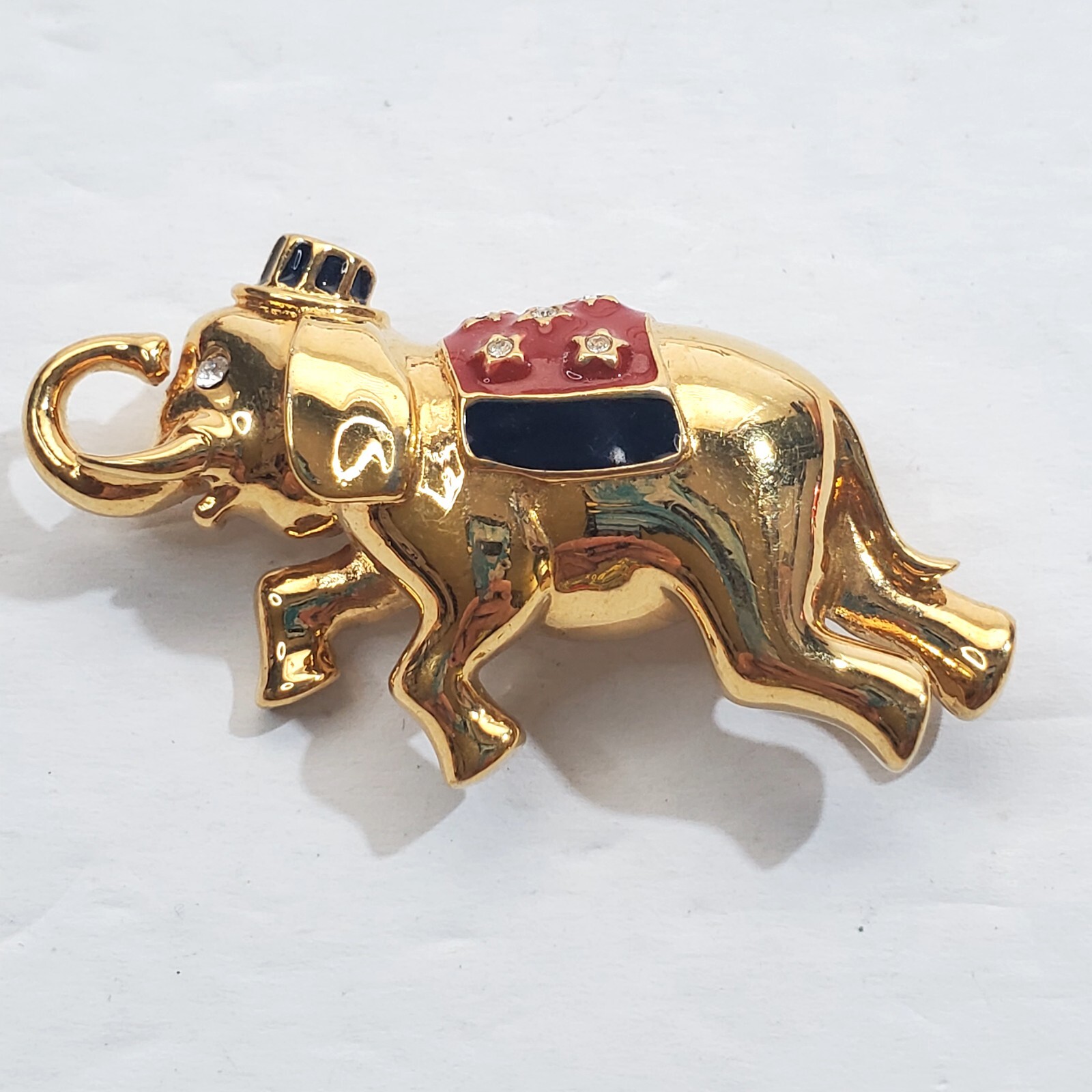 Vintage Monet Gold Tone Metal Enamel Clear Rhinestone Circus Elephant Brooch Pin