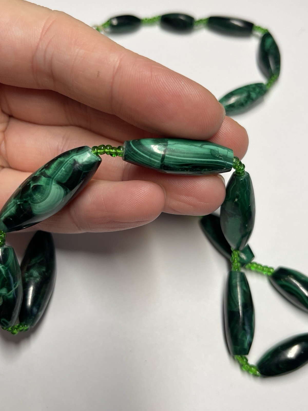 Vintage Oblong Elongated Malachite Stone Beaded Necklace