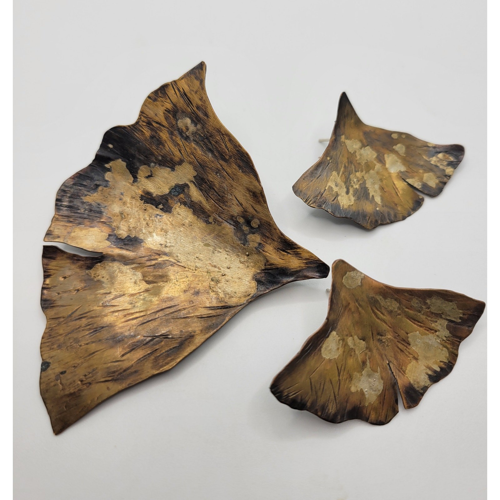 Brutalist Ginkgo Leaf Brooch Earrings Set Artisan Handmade Patina Huge Leaves