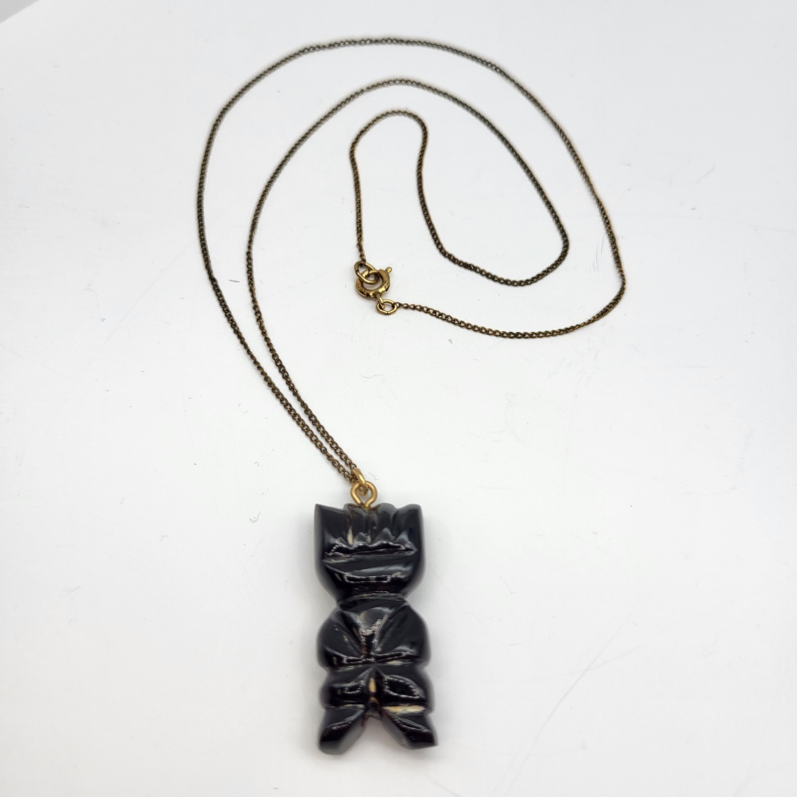 VTG Black Coral Moai Easter Island Tiki Pendant Hand Carved gold filled chain