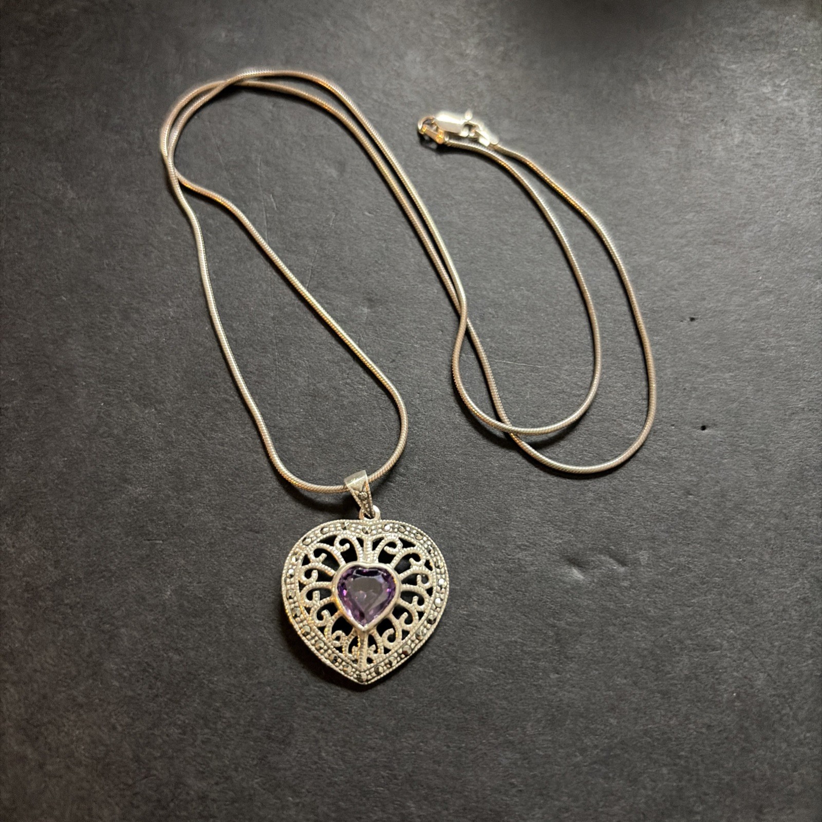 Vintage Sterling Silver Amethyst Heart Necklace Signed AGI 925 22”