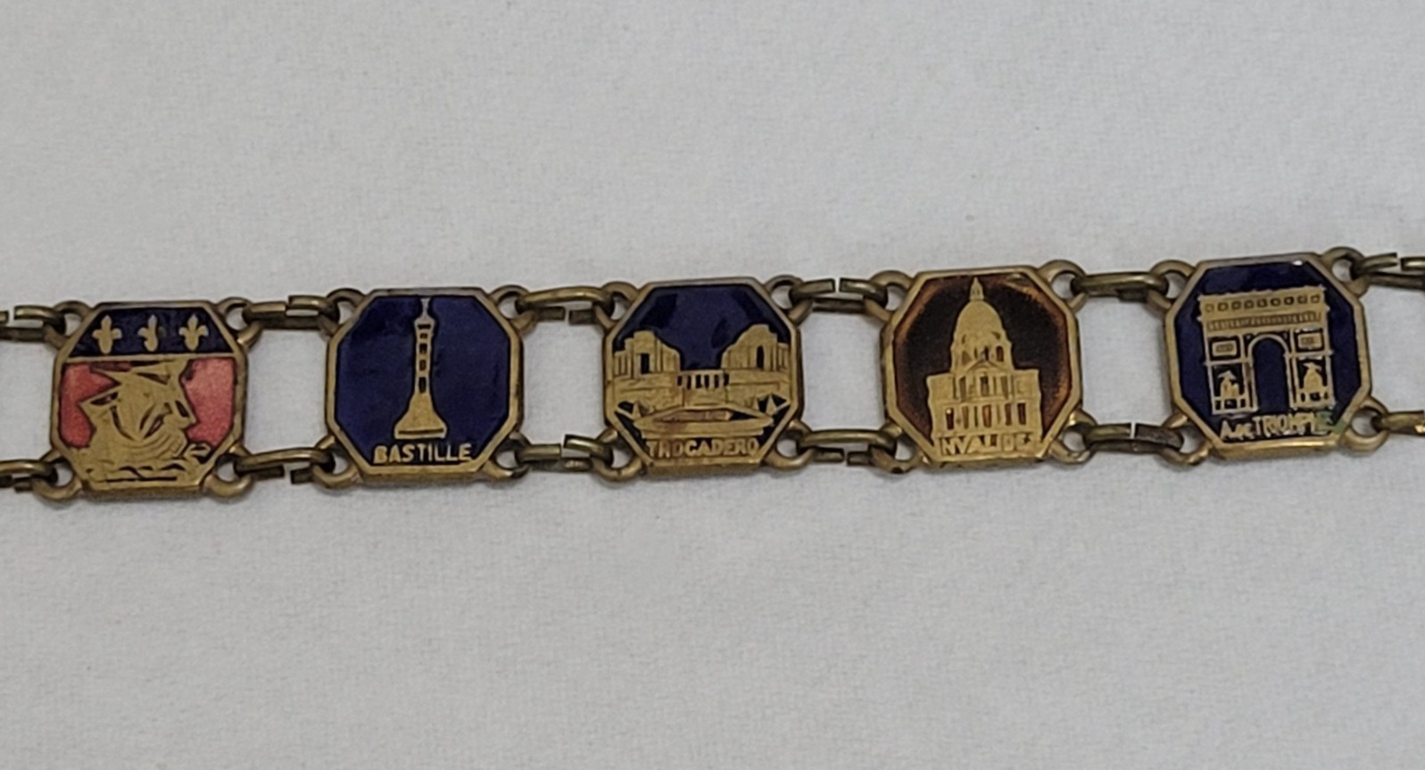 Paris France Souvenir Monuments Etched Enamel Link Brass Clasp Vintage Bracelet