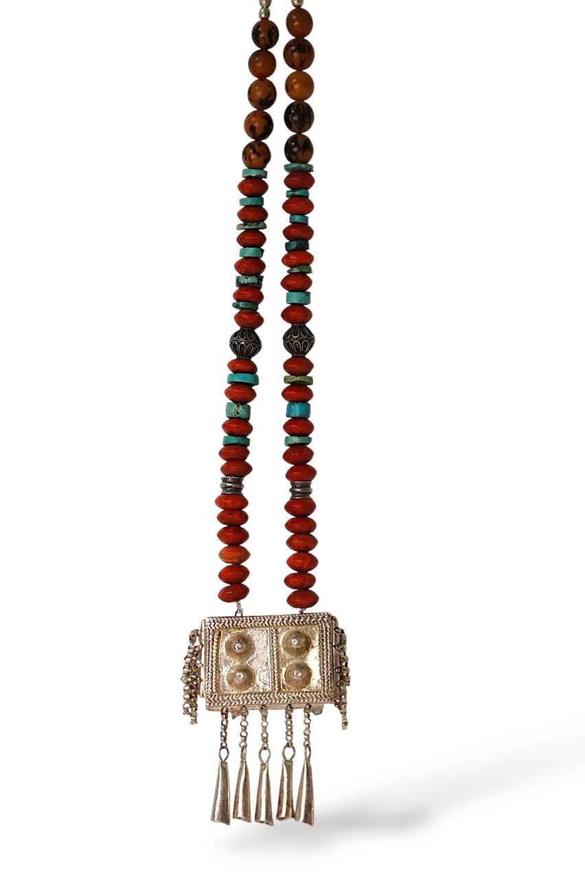Vintage Yemeni Silver Hirz Necklace 45cm Handmade Carnelian Turquoise Tribal