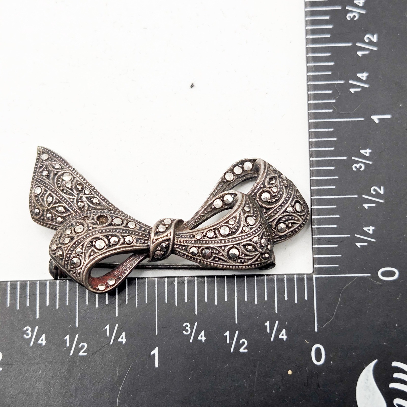 Vintage 835 Silver Marcasite Bow Brooch Art Deco Ribbon Pin European Silver