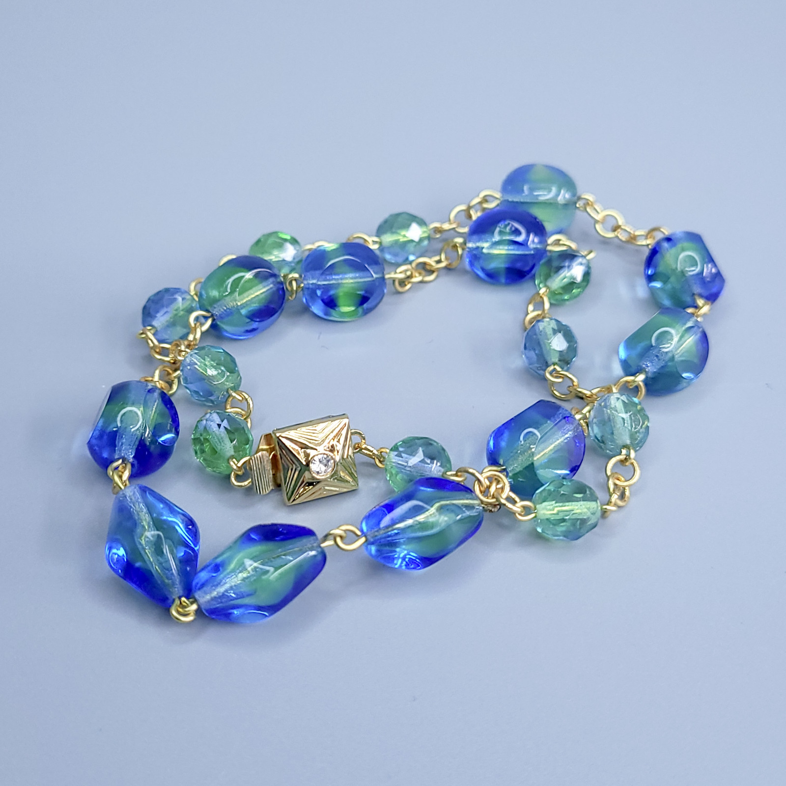 Uranium Necklace 18” Vaseline Blue Glass Czech Vintage Beads Women`s Jewelry