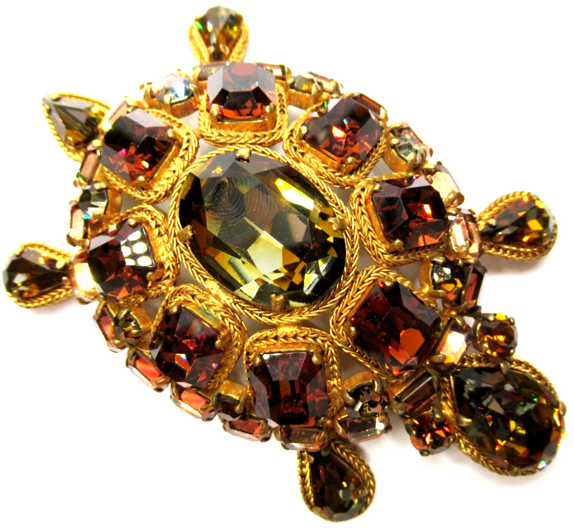 ROGER JEAN PIERRE DEPOSE Huge Cognac Rhinestone Figrual Turtle Fur Clip