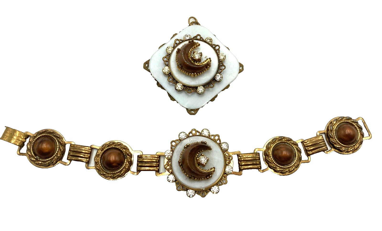 Antique Vintage Crescent Moon Rhinestone Pendant Link Bracelet Victorian Style