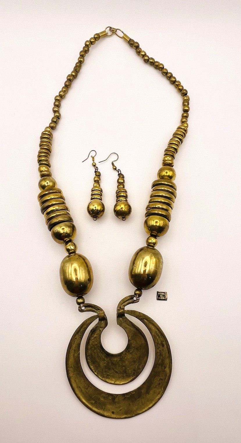 Vintage Artisan Statement Brass Made in India Necklace and Earrings
