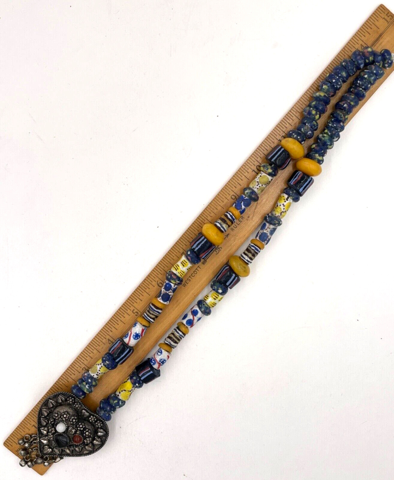 ETHNIC AFRICAN TRIBAL BERBER NECKLACE HAND-MADE KROBO GLASS BEADS BRONZE METAL R