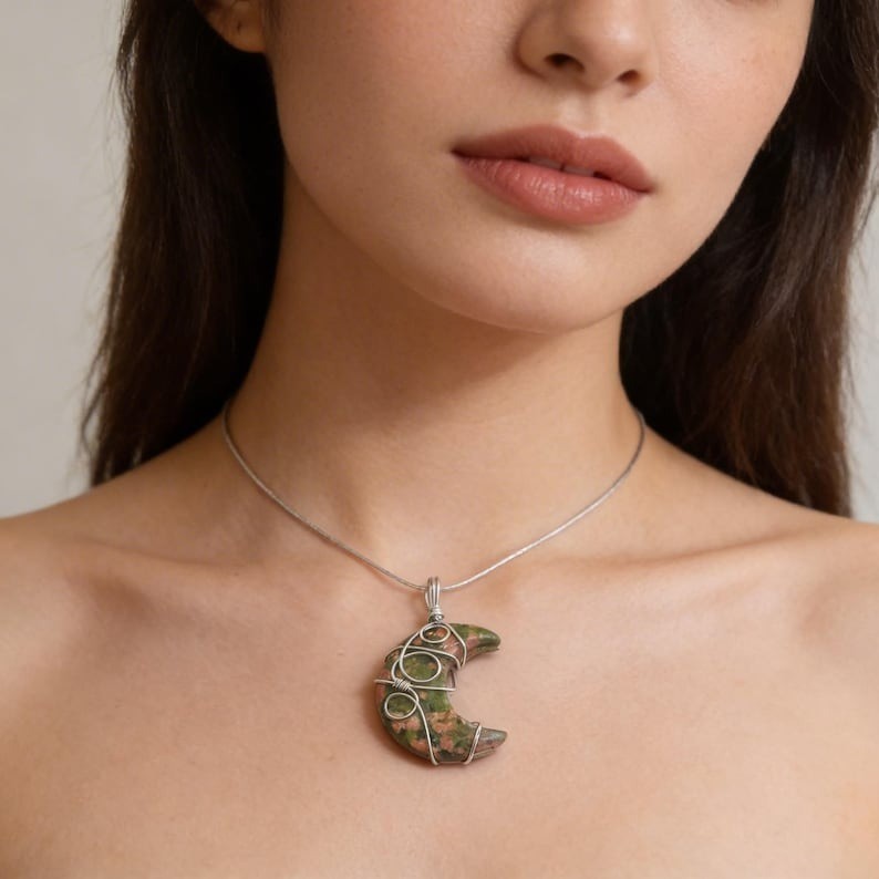 Unakite Pendant Necklace, Handmade Wire Wrapped Green Pink Stone Charm