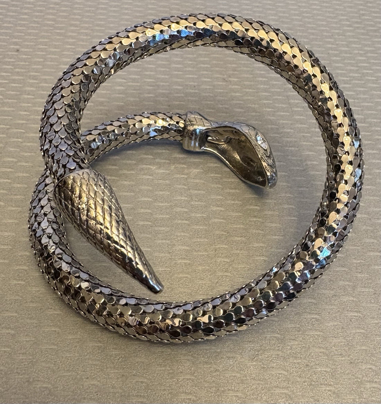 Vintage Silvertone Mesh Snake Wrap Bracelet Crystal Marquise Eyes unsigned