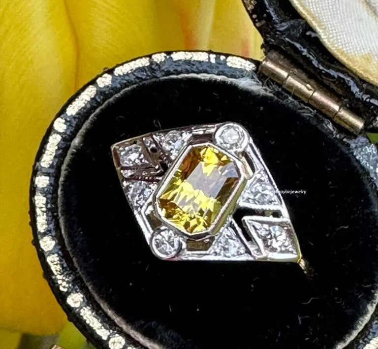 Edwardian 3Ct Emerald Cut Yellow Citrine CZ Art Deco Ring 14K White Gold Plated