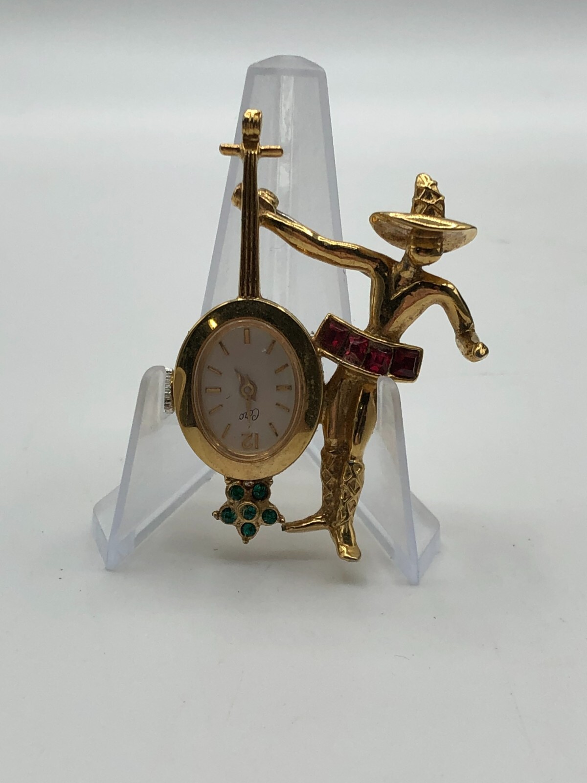 RARE Vtg Coro Mariachi Musician Mechanical Watch Brooch Pin Mid-Century Estate