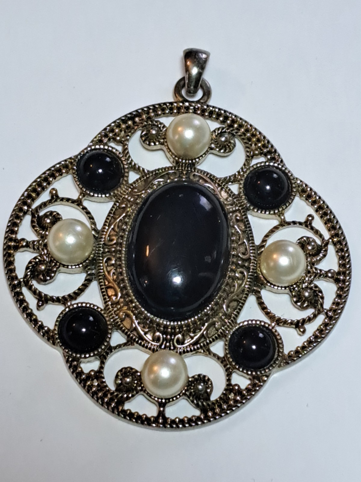 Vtg Elegant Gold Tone Filigree Black Cabachon Faux Pearl Edwardian Style Pendant