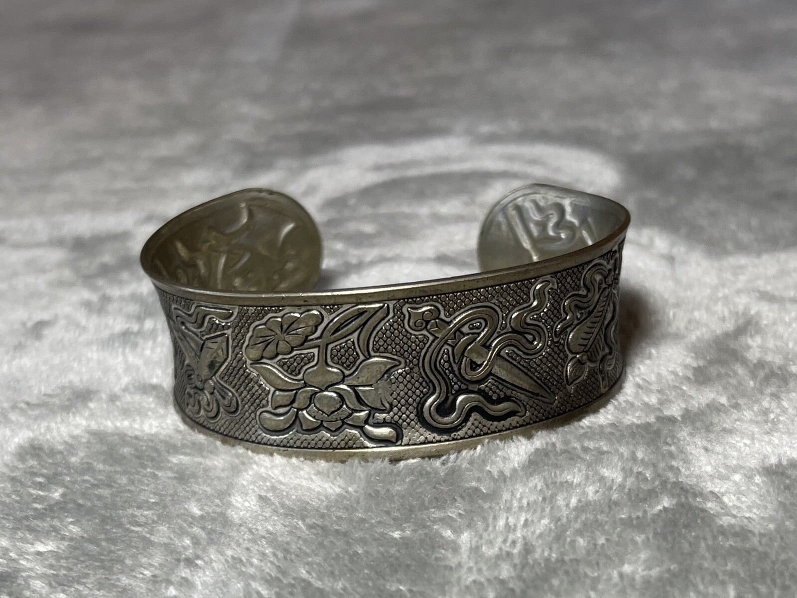 Silver Tone Metal Bracelet w Flowers, Daggers & Other Designs Signed !!